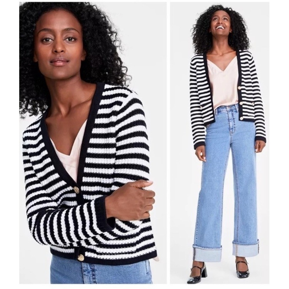 On 34th Size 3X Cardigan‎ Black White Patch Pocket Cotton Stripe Nautical Preppy